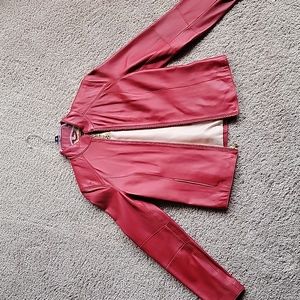 Women red leather jacket